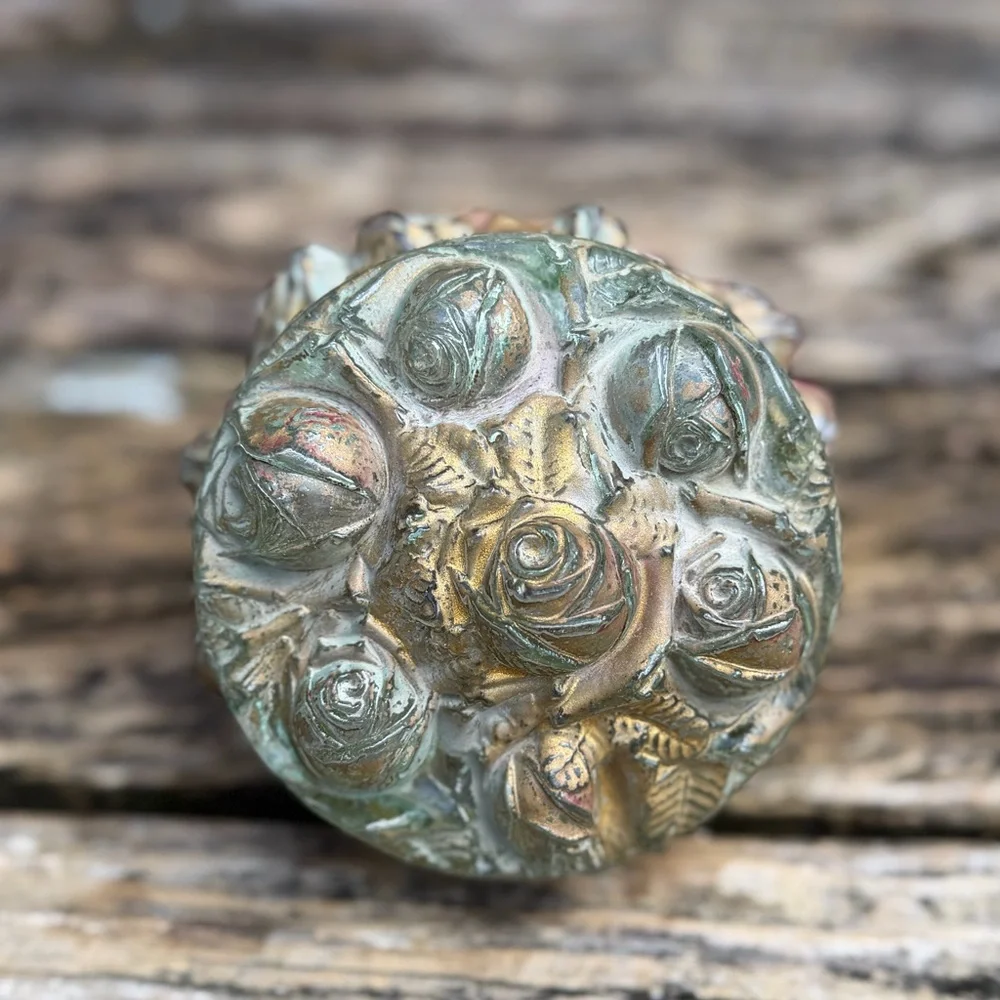 Antique Goofus Glass Vanity Powder Puff Jar Trinket Box Red & Gold Rose - Picture 8 of 9